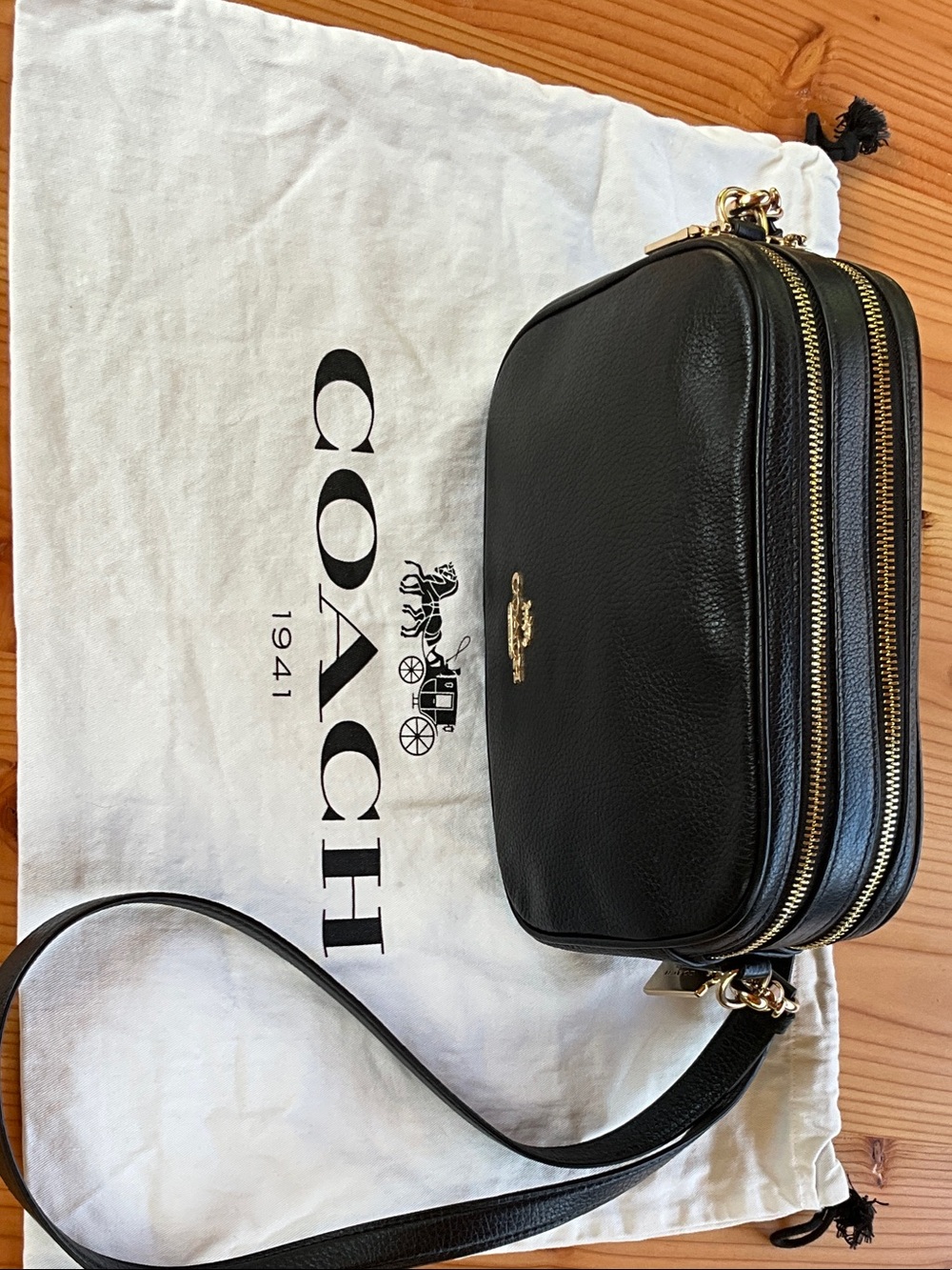 Coach Black Pebbled Leather Double-Zip Crossbody with Gold Hardware